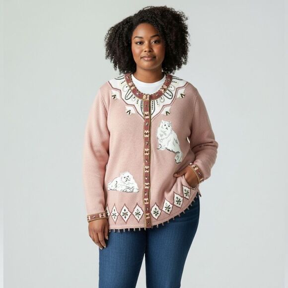 Storybook Knits Sweaters - NWT Storybook Knits Cats Design Cardigan Pink Beaded Cotton size 1X Vintage